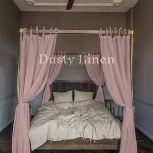 Linen curtains with ties for bedroom decor. Dusty Rose (pink) color curtain drapes made by Dusty Linen brand - bedroom decoration