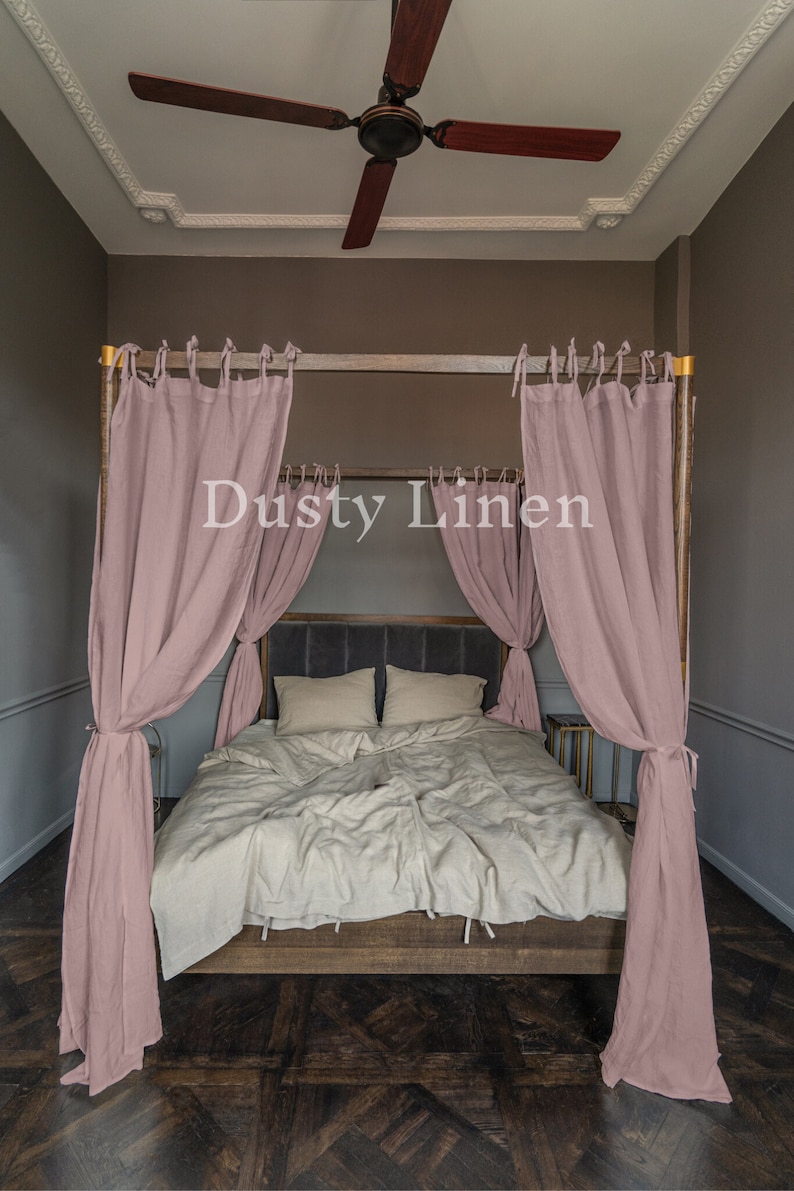 Linen curtains with ties for bedroom decor. Dusty Rose (pink) color curtain drapes made by Dusty Linen brand - bedroom decoration