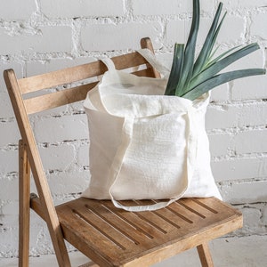 Linen tote bag. Natural zero waste shopping bag. Minimalist eco reusable grocery bag. Plain shoulder tote bag. Canvas beach bag. Market bag image 4