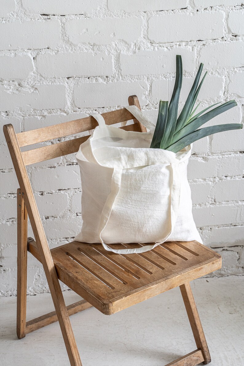 Linen tote bag. Natural zero waste shopping bag. Minimalist eco reusable grocery bag. Plain shoulder tote bag. Canvas beach bag. Market bag image 4
