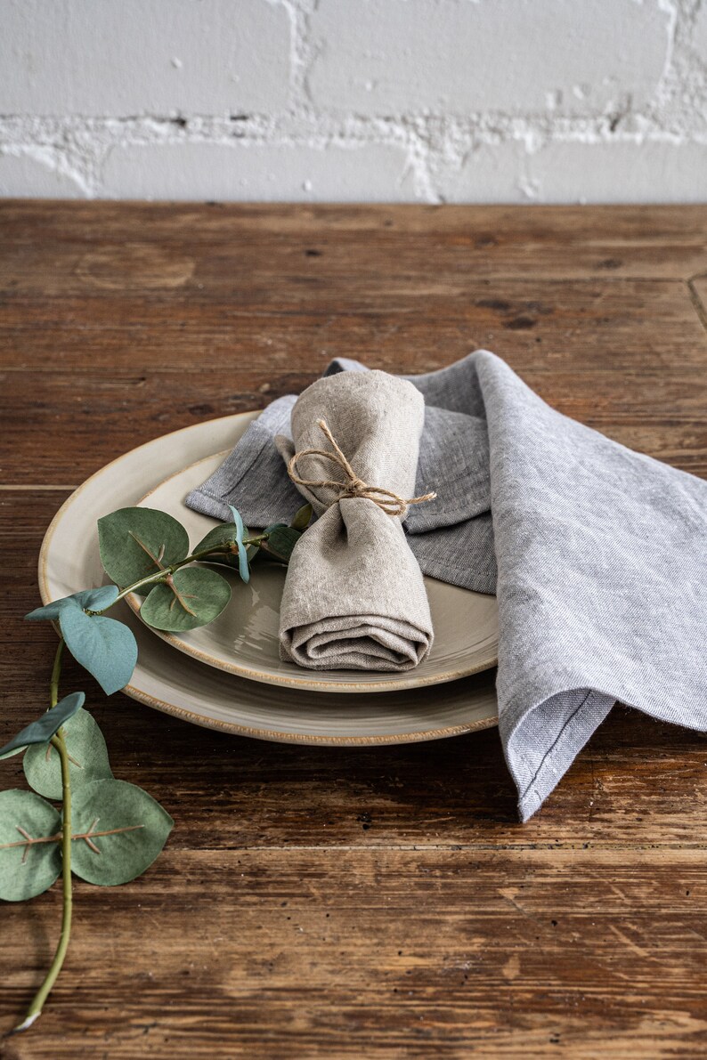 a white plate topped with a napkin next to a green plant