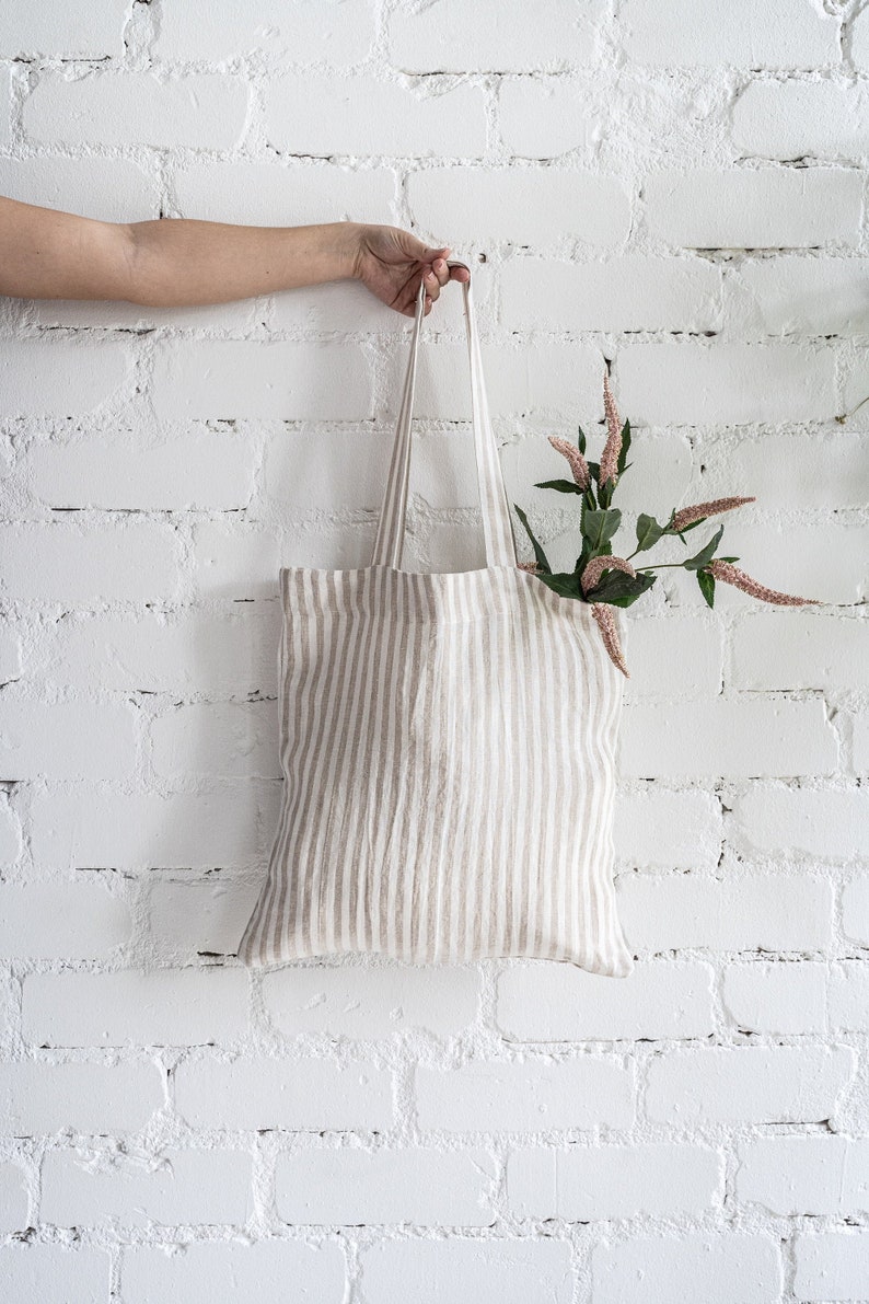 Linen tote bag. Natural zero waste shopping bag. Minimalist eco reusable grocery bag. Plain shoulder tote bag. Canvas beach bag. Market bag image 1