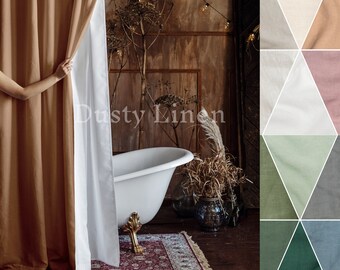 Extra long shower curtain. Elevate Your Bathroom with Bohemian Flair. Farmhouse Bathroom Refresh Linen Brown Shower Curtains for a Cozy Vibe