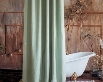 Linen boho customizable minimalist extra long sage green shower curtains. Drape for bath decor. Bathroom decor - unique gift