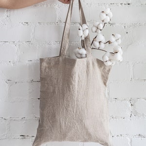 Linen tote bag. Natural zero waste shopping bag. Minimalist eco reusable grocery bag. Plain shoulder tote bag. Canvas beach bag. Market bag image 8