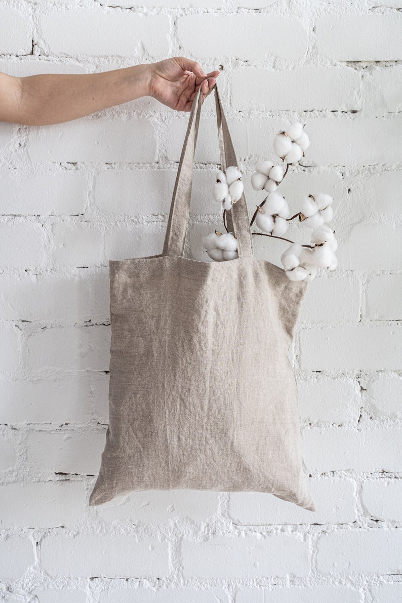 Linen tote bag. Natural zero waste shopping bag. Minimalist eco reusable grocery bag. Plain shoulder tote bag. Canvas beach bag. Market bag image 8
