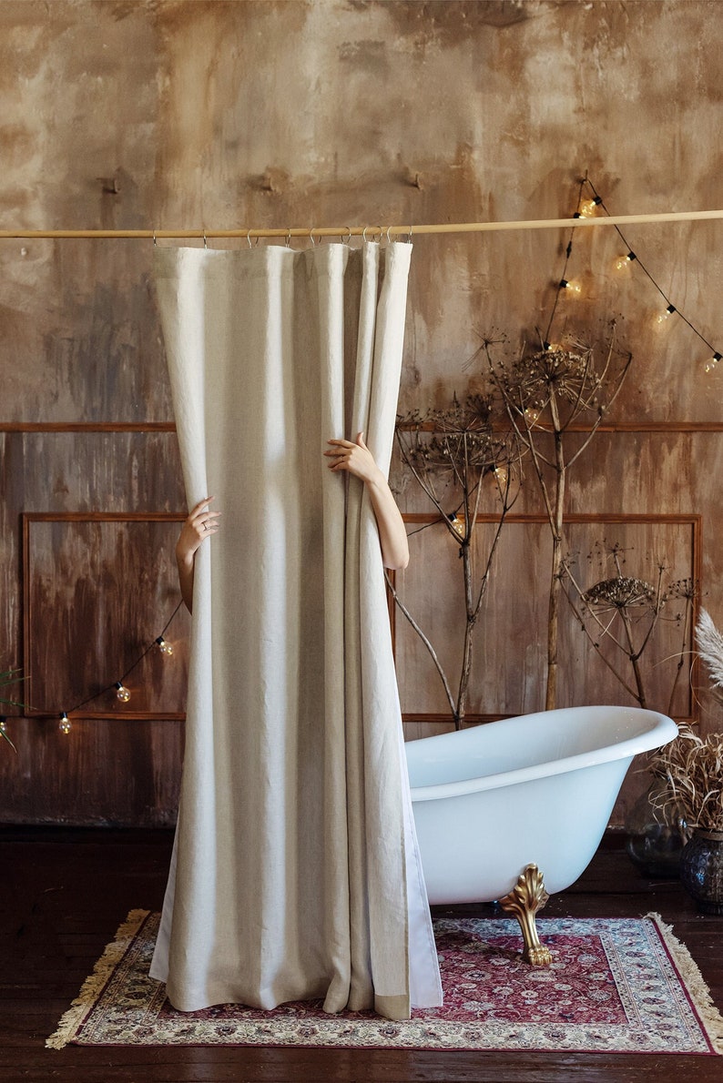 Waterproof Linen Shower Curtain Panel Natural Linen Shower Etsy