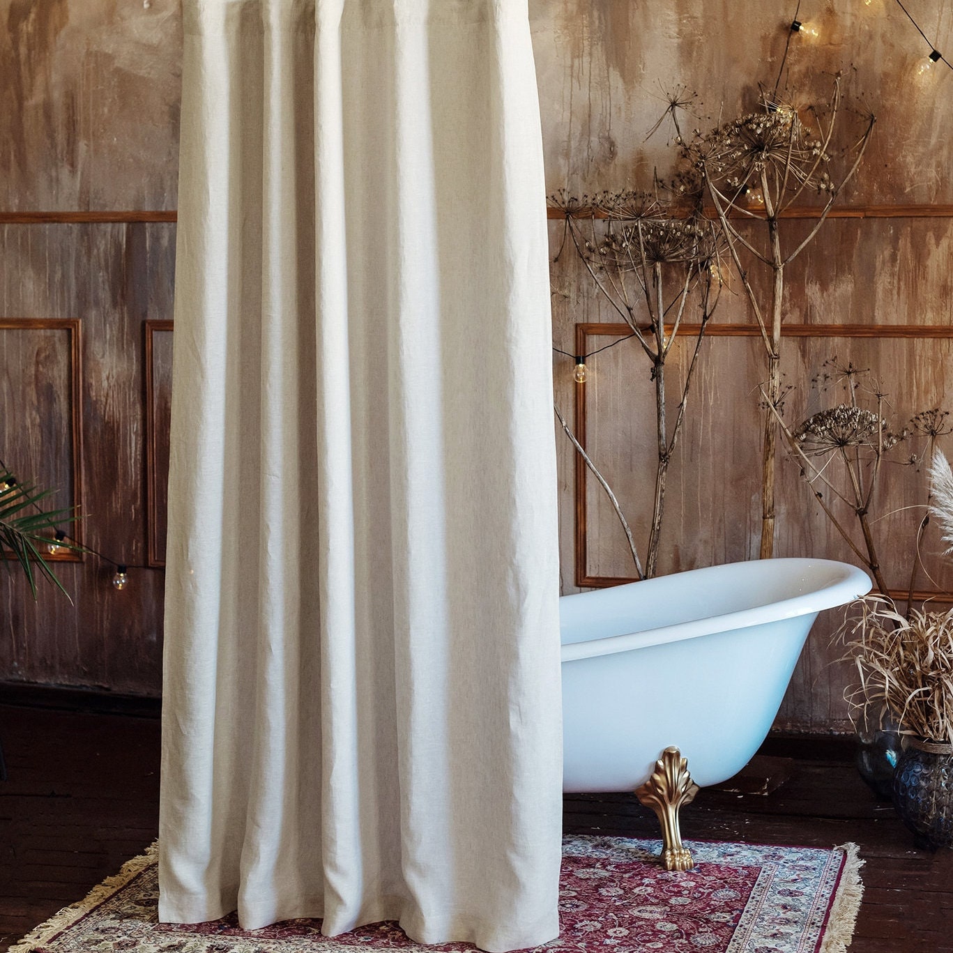 Wide Linen Shower Curtain. Shower Stall Curtain in White. Linen