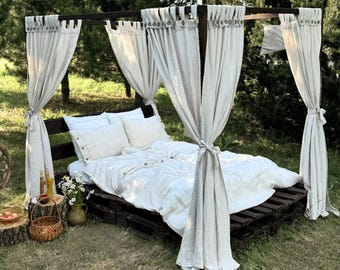 Linen Canopy Curtains for Four Poster Bed - Extra Long Boho Drapes - Primitive French Country Farmhouse Bedroom Decor Canopy Curtains