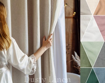 Waterproof linen shower curtain panel. Wide linen shower drape with lining. Custom clawfoot tub curtains - White, green, blue, gray, cream