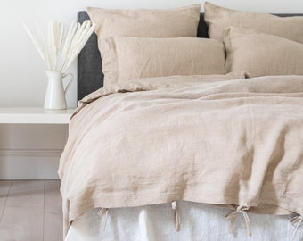 Linen duvet cover and two pillowcases. Natural linen bedding set. Stonewashed linen duvet set queen. Duvet cover set king