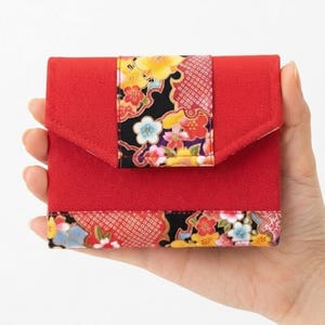 Cartera de algodón con estampado floral japonés rojo, tarjetero pequeño, accesorio hecho a mano.