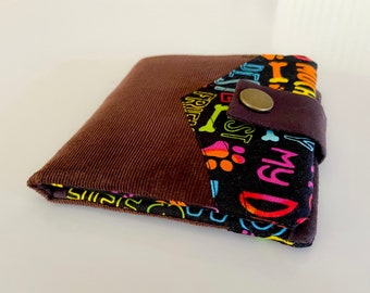 Bifold Cotton Wallet. Paws & Bones. Fabric ID Wallet. Small Vegan Wallet. Dog Lovers Wallet.