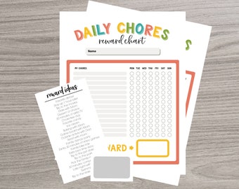 May include: A set of printable chore charts and reward ideas. The main chart features the text "Daily Chores" in colorful letters, with spaces for a name, chores, and a weekly tracker. A separate card lists reward ideas.