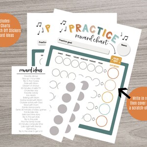 May include: A set of practice reward charts with a teal and orange color scheme. The charts include spaces for daily tasks and a prize section. The set includes 2 charts, 10 scratch-off stickers, and reward ideas.