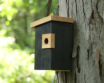 Unique Shou Sugi Ban Birdhouse for Bluebirds - Sustainable Pine & White Oak Roof, Waterproof, Easy-Clean