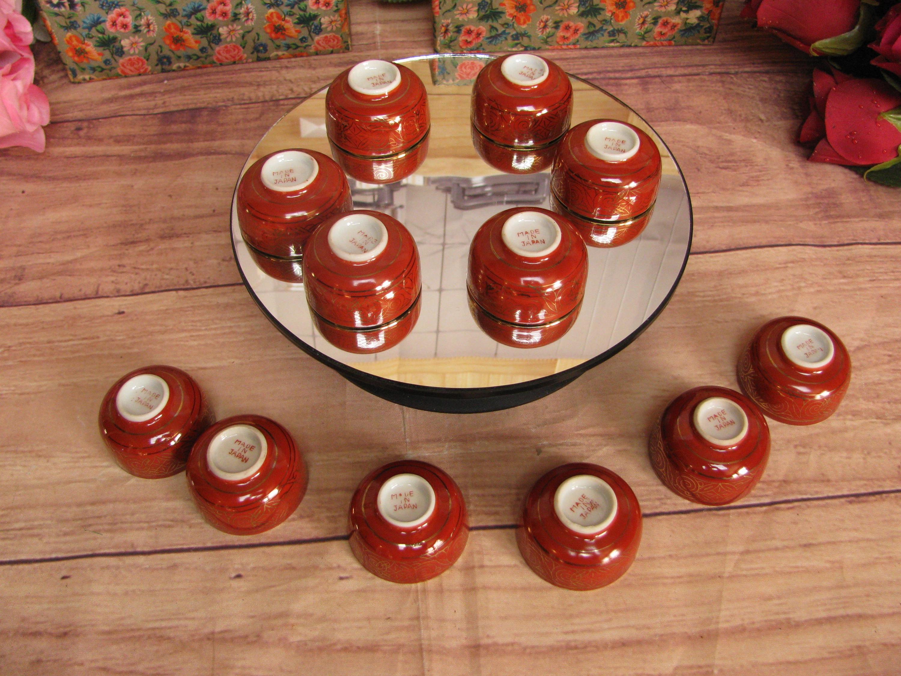 Antique Japanese Kutani Wear Sake 6 Cup Set- Red Gold- 1900s Meiji