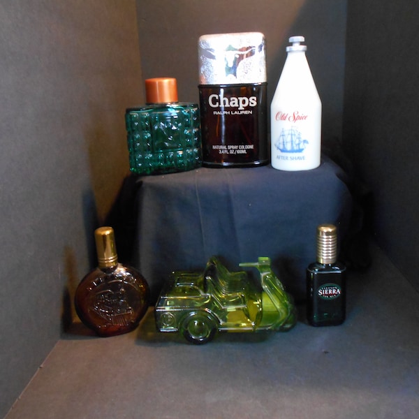 Vintage Cologne Bottles- Coty-Sierra-Stetson-Chaps-Avon-TrailBlazer-Windjammer-Old Spice-Bottle Only-1940s Jeanette Nesting Glass Duck-Hen