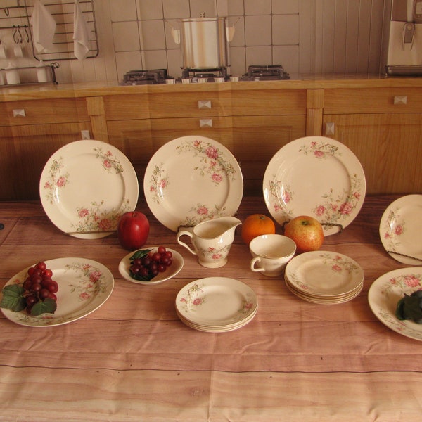 Vintage Edwin Knowles "Romance" R2059-E-1 Pattern- Pink Rose China Dishes- Dinner & Bread Plates-Berry Bowls- Teacups- Saucers-Creamer