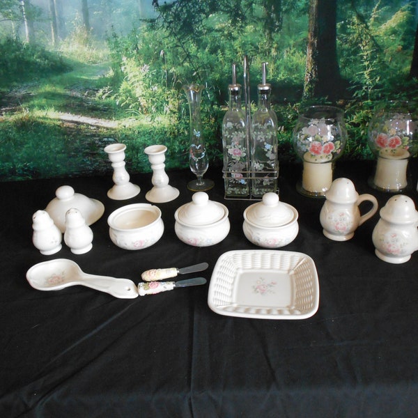 Vintage Pfaltzgraff Tea Rose Stoneware -Accessories-Sugar Bowl-Jam Spreader-Salt Pepper Set-Hurricane Light-Bud Vase-Replacement China