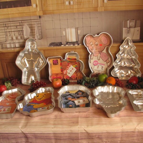 Various Vintage  Wilton Character Cake Pans/Molds-Barbie-Winnie The Pooh-Holiday Tree-Haunted House-The Fun Train-Ballerina Bear-Mouse-Man