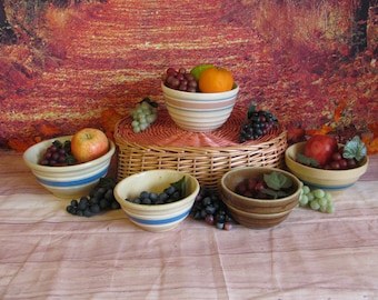 Antique Yelloware Bowls-Blue/Pink Band- McCoy Beehive- Ribbed-Watt- Ovenware U.S.A.-Hull Cobalt-Brown Stoneware-Mixing-Nesting-Rare Pieces