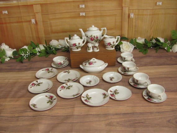Vintage Moss Rose Demitasse Tea Set: Miniature Bone China, Made in