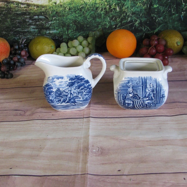 Vintage Liberty Blue-Betsy Ross Sugar Bowl & Paul Revere Creamer- Independence Hall Dinner Plates Ironstone Dinnerware by Staffordshire