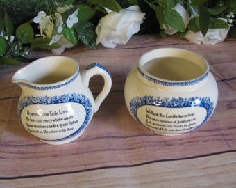 Vintage John Wesley Blue Delft Style Lords Prayer Creamer and Sugar Bowl-Wedgwood or Johnson Bros Early Reproduction-English Transferware