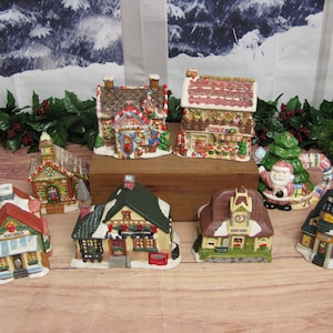 Vintage Ginger Frost Lane  Holiday Christmas Village Mini Houses-Church-Cottage-Tea Pot-Giftco Candy Shop, Post Office-Train Station-School