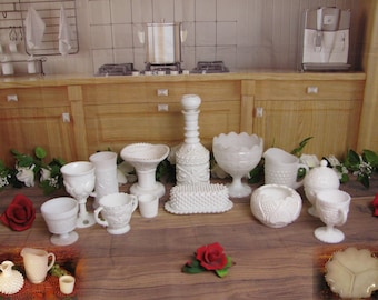 Vintage Milk Glass-Fenton Cruet Bottle-Rose Bowl-Butter Dish-Westmoreland Sugar Bowl-McKee Punch Bowl Base-Jim Beam Decanter-Compote-Goblet