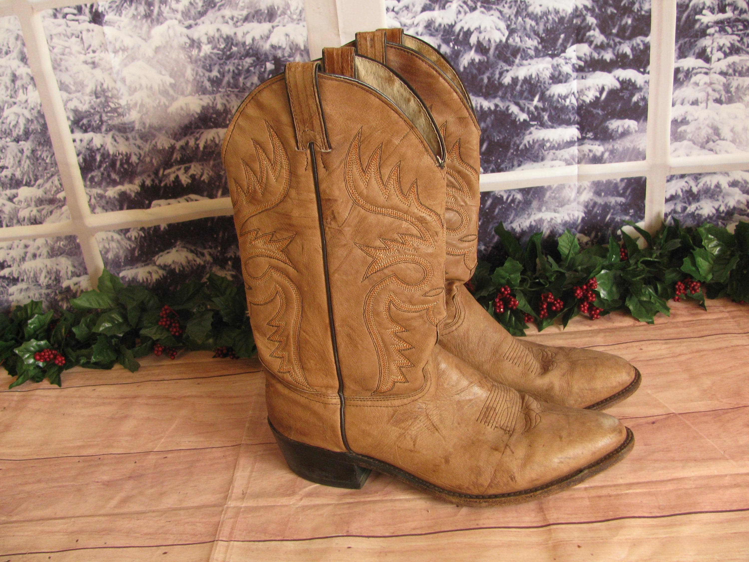 Vintage Tan Brown Men's Abilene 6075 Sz 12D Fancy Stitched Western