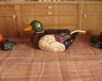 Vintage Ceramic Mallard Duck Soup Tureen with Ladle-MCM-Farmhouse Kitchen Décor