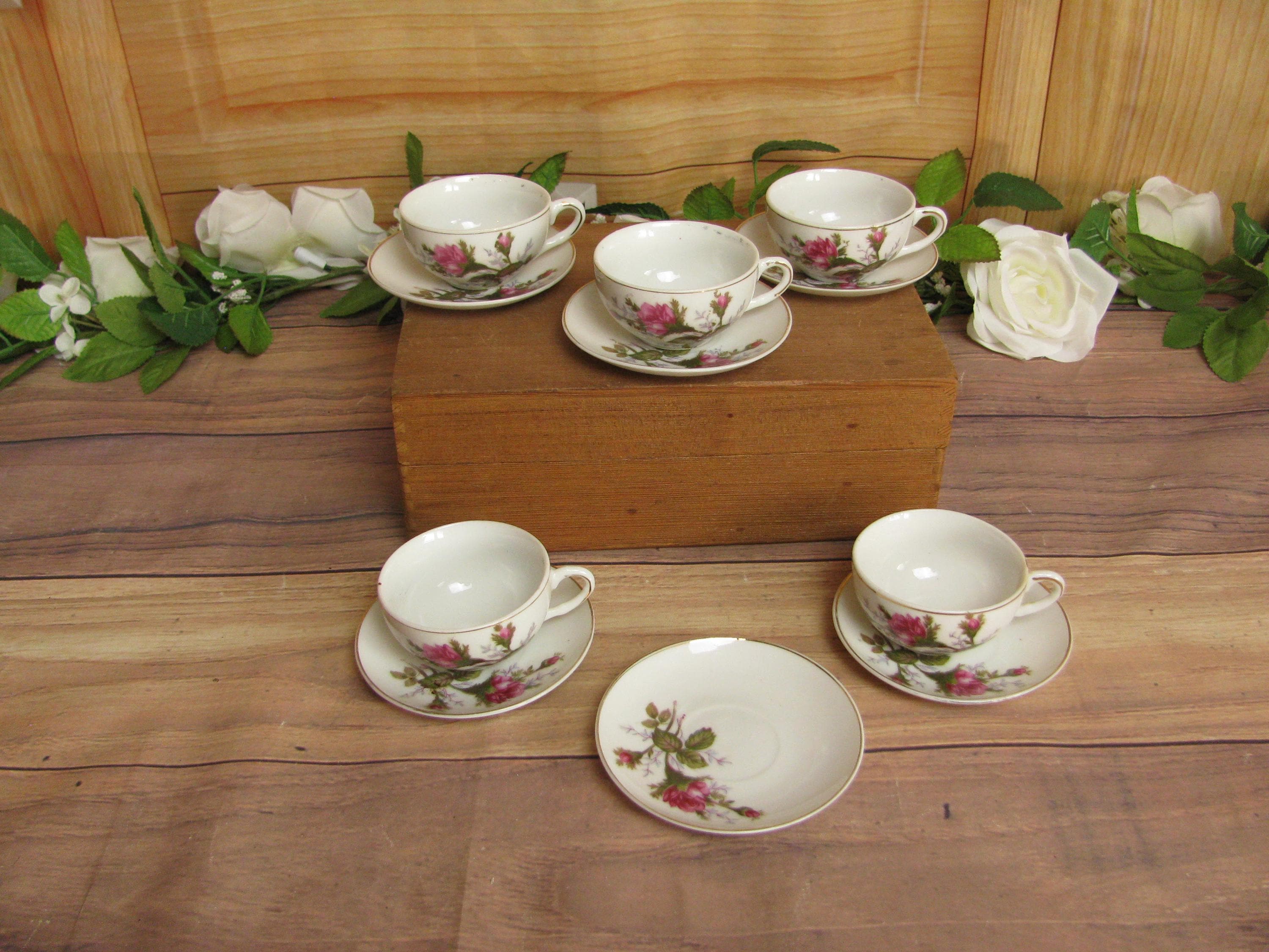 Vintage Moss Rose Demitasse Tea Set: Miniature Bone China, Made in