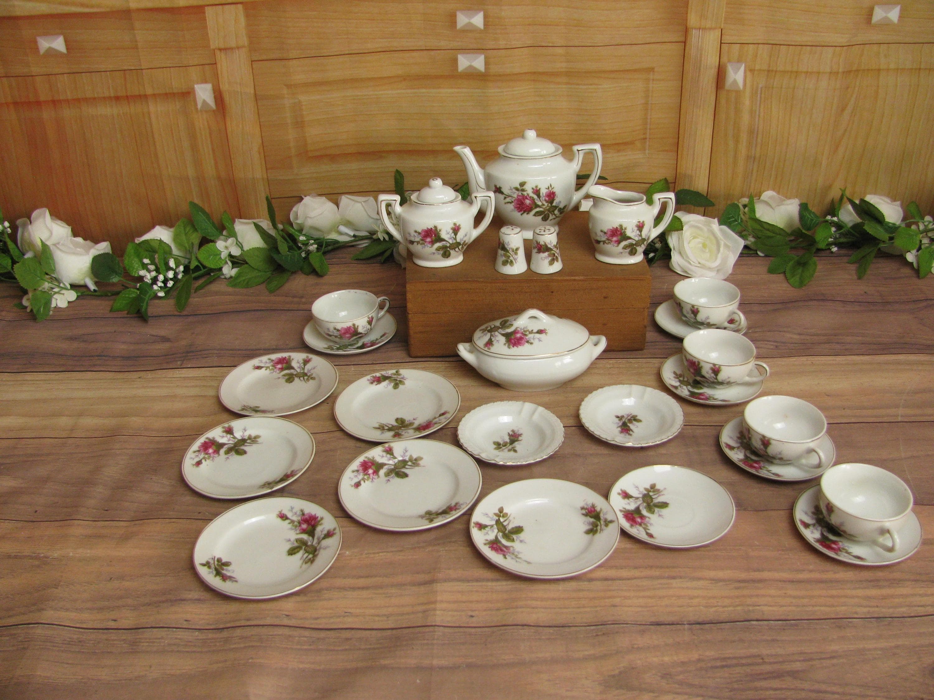Vintage Moss Rose Demitasse Tea Set: Miniature Bone China, Made in