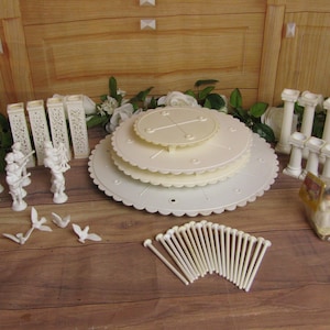 Vintage Wilton Tier Wedding Cake Filigree & Grecian/Roman Pillars- Musical Cherubs-Doves-Cake Plates-Bride at Altar Cake Topper- Cake Pins
