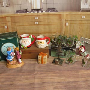 Vintage World Bazaar Santa Creamer-Snowman Candle Holders- Holly  Server Plate-Santa Xmas Tree Mugs-Avon Christmas