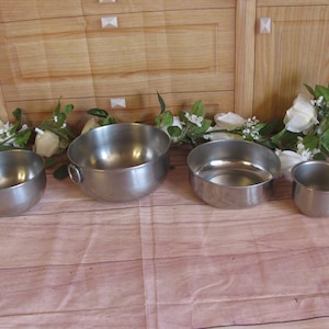 Vintage Stainless Steel D Ring Nesting Mixing Bowls- No Markings-Skillet and Saucepan Lids