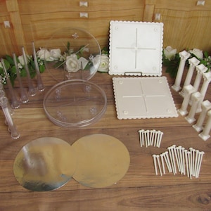 Vintage Wilton Wedding Cake White or Clear 9, 7 & 5 Inch Pillars-Grecian/Roman-Column or Taper-Clear Round or Square Round Cake Plates-MCM