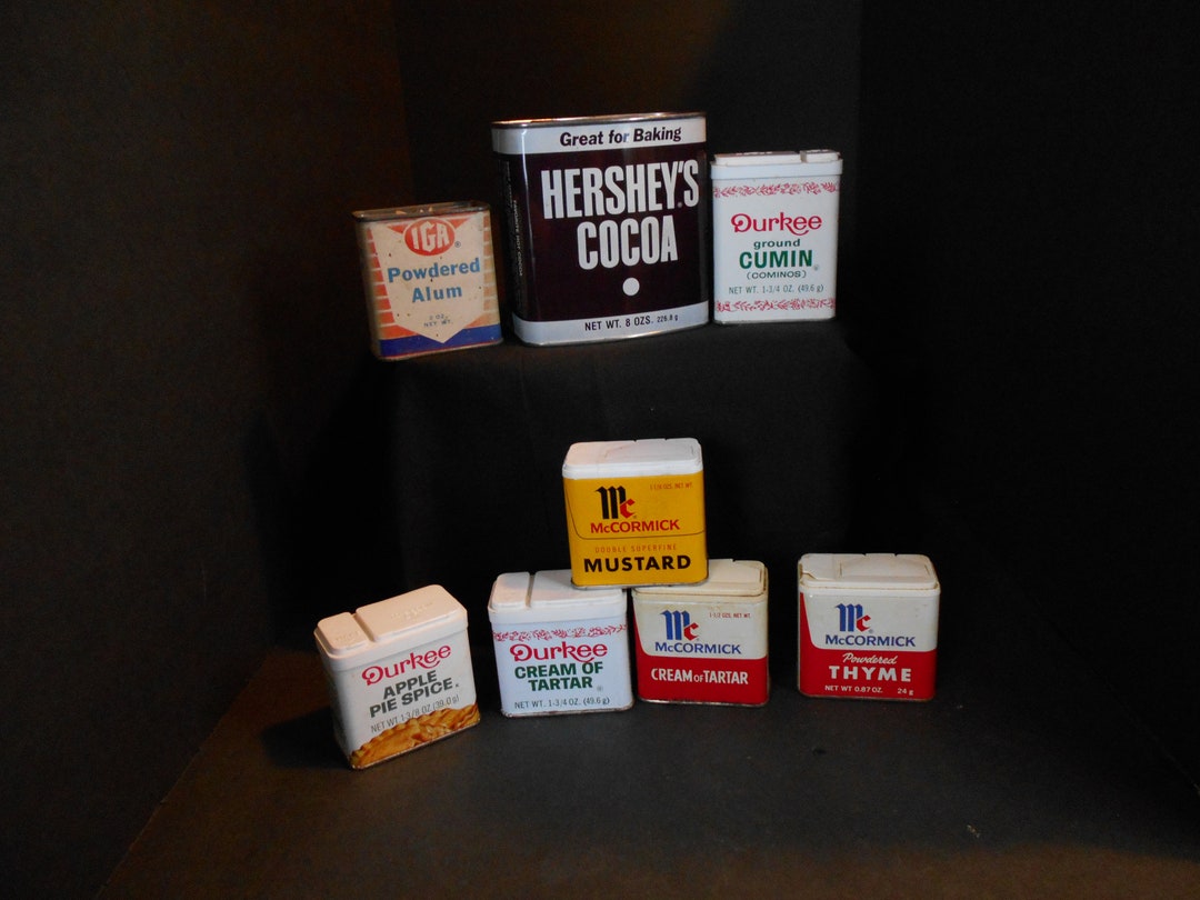 Vintage Spice and Food Tinsmccormickdurkeehershey'sigacocoaapple