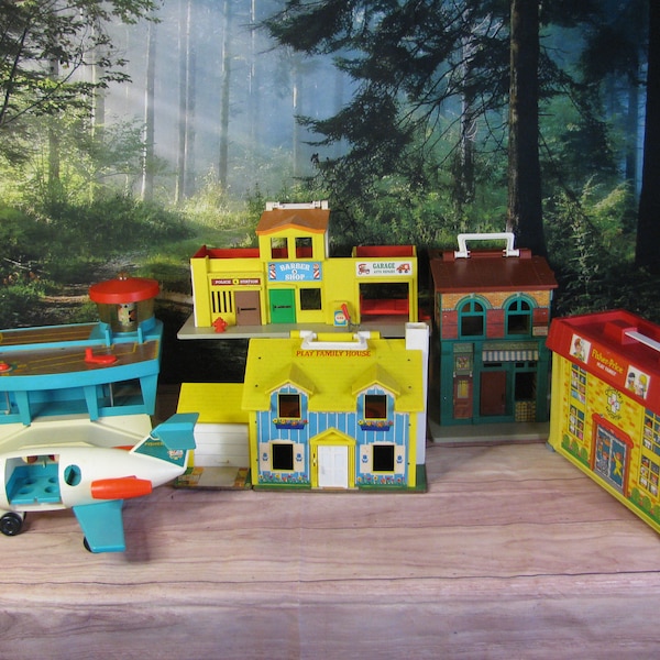 Vintage Fisher Price Little People Play Family House -Village Police Station Barber and Garage-Hospital-Sesame Street-Airport- Jet Plane