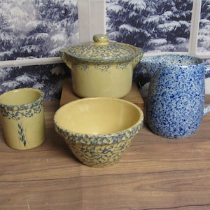 Vintage RRP Blue Wheat Spongeware Pottery Casserole-Mixing Bowl-Crock-Pitcher Roseville Robinson Ransbottom-Stoneware-Yellowware-Farmhouse