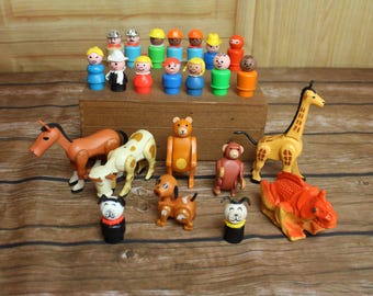 Vintage Fisher Price Little People- Farm Circus Zoo Animals- Angry Boy- Silver Hard Hat-Monkey