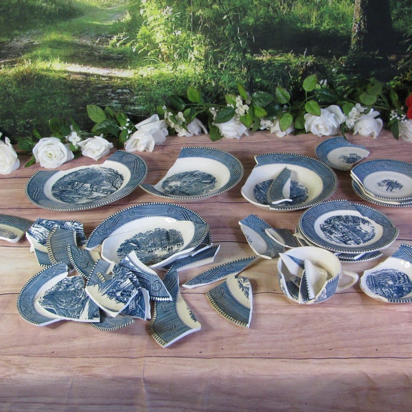 Vintage Currier and Ives Blue and White Pottery Shards-Broken China for Jewelry and Mosaic Making- Sold By the Pound-Ready to Ship