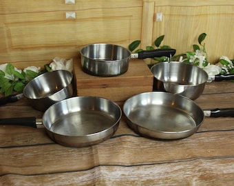 Vintage Stainless Steel Copper Bottom Sauce and Sauté Pans-Lightweight Ideal for Camping