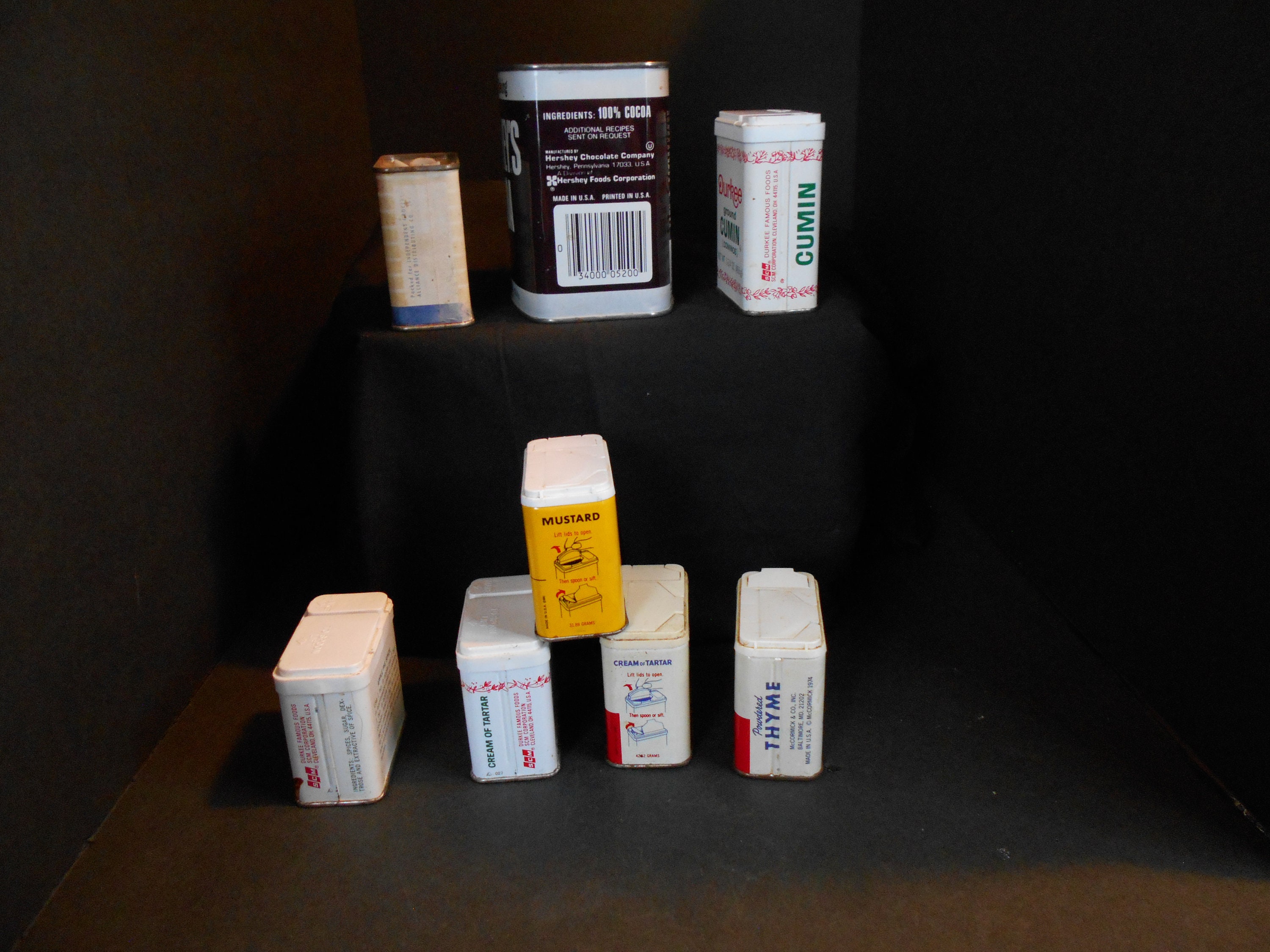 Vintage Spice and Food Tinsmccormickdurkeehershey'sigacocoaapple