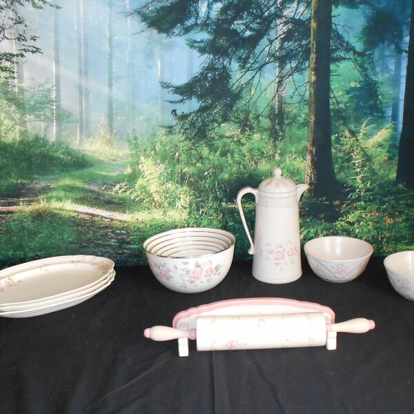 Rare Vintage Pfaltzgraff Tea Rose Stoneware -Set Pieces-Rolling Pin-Nesting Bowls-Carafe-Platters-Serving Bowls- Replacement Dinnerware