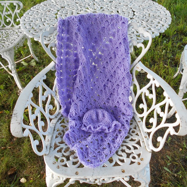 Purple Pink or Baby Blue 30x32 Hand Crochet Peacock / Shell Design Baby Afghan  Blanket and Hat Sets-Bundle/Swaddle Size