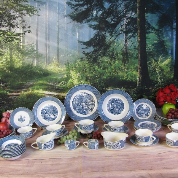 Vintage Currier and Ives Underglaze Print Blue and White China Dinnerware by Royal Crown-Vegetable Bowl-Salt and Pepper-Bread-Salem Swirl