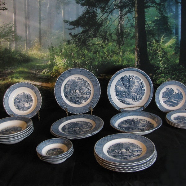 Vintage Currier and Ives Underglaze Print Blue and White China Dinnerware by Royal Crown-Ironstone- Old Grist Mill-Early Winter-Salem Swirl